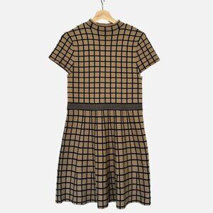 Women’s Fit & Flare Knit Dress Beige Black Grid Short Sleeve Preppy Minimalist L
